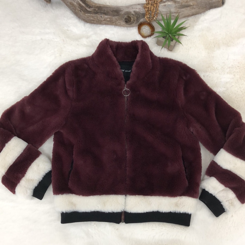 Mustard Seed Faux Fur Merlot Striped Bomber Jacket SweatshirtSize Small